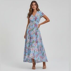 Bohemian  Multi Color Floral V-Neck  Dress